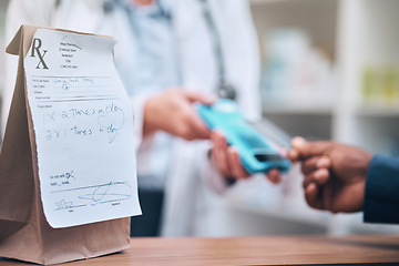 Image showing Pharmacy, card machine and patient paying for the medication at medical clinic dispensary. Credit card, prescription medicine and closeup of payment with cash dispenser point at pharmaceutical store.