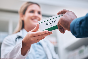 Image showing Pharmacist woman, pills and customer hands with patient, box and healthcare in medicine store. Retail health, pharmacy and medical product for wellness, health and customer service for help in shop