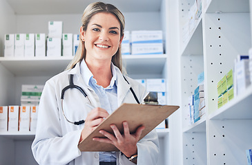 Image showing Doctor, pharmacy checklist and employee portrait in pharmaceutical clinic, medical supply store and nurse stock management. Healthcare product, pharmacist smile and medicine supplement storage check