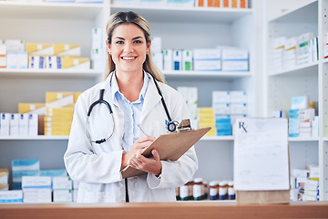 Image showing Portrait, pharmacy and woman with clipboard, checklist and inventory. Pharmacist, female and girl writing, prescription medicine and stock for medical products, information for treatment and record.