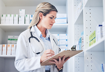 Image showing Inventory checklist, pharmacist and woman in pharmacy recording quantity of medication. Healthcare, wellness or female medical physician writing on clipboard, counting stock or medicine in drug store