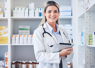 Image showing Pharmacy, woman and tablet for checklist, inventory and online schedule. Pharmacist, girl counting and stock for pills, prescription and medical product with medicine, record and digital information.