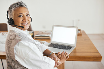 Image showing Mature business woman, laptop or call center headset in home office, telemarketing company or b2b sales startup on mockup screen. Portrait, happy smile or customer support manager on crm technology