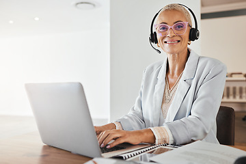Image showing Portrait, remote work from home and woman for call center, customer support and online help. Female agent, consultant and typing for business, communication and advice for client service and laptop.