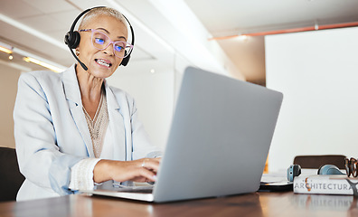 Image showing Consulting, laptop and microphone with business woman in office for video conference, webinar and online meeting. Virtual, call center and coaching with consultant and headset for digital help desk