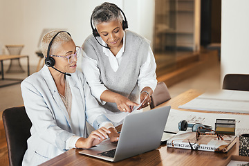 Image showing Laptop, consulting and woman help mentor while doing presentation in a virtual meeting, documents and strategy. Team, virtual and businesswoman coaching online seminar while training her assistant