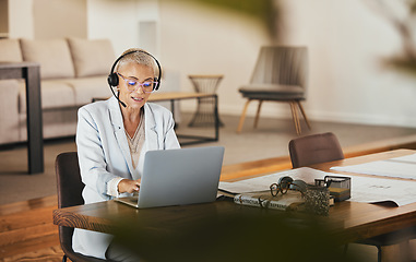 Image showing Consulting, laptop and microphone with business woman in office for video conference, webinar and online meeting. Virtual, call center and coaching with consultant and headset for digital help desk