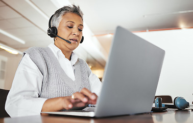 Image showing Consulting, laptop and microphone with business woman in office for video conference, webinar and online meeting. Virtual, call center and coaching with consultant and headset for digital help desk