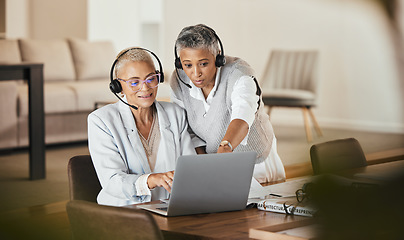 Image showing Laptop, consulting and woman help mentor while doing presentation in a virtual meeting, documents and strategy. Team, virtual and businesswoman coaching online seminar while training her assistant