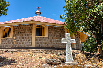 Image showing religious christian cross behind monastery on Lake Tana, Ethiopia Africa