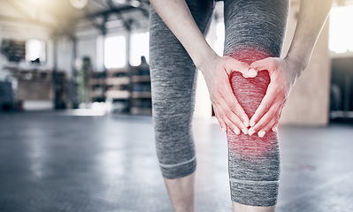 Image showing Fitness, sports and injury, woman with knee pain at gym workout. Exercise, pain and girl with hand on leg for muscle massage, physical therapy for sports injury on knee and accident while training.