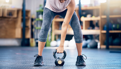 Image showing Fitness, gym and kettlebell training by woman hands weightlifting for health, wellness and power goals, Exercise, weights and hand of girl in sports center for challenge and strength workout