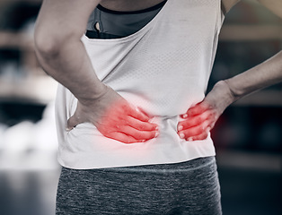 Image showing Hands, back pain and overlay with a sports woman holding her muscle while suffering from cramp or injury. Fitness, exercise and red highlight with a female athlete struggling with an injured spine