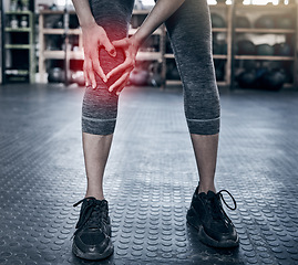 Image showing Fitness, sports and injury, woman with knee pain at gym workout. Exercise, pain and girl with hand on leg for muscle massage, physical therapy for sports injury on knee and accident while training.