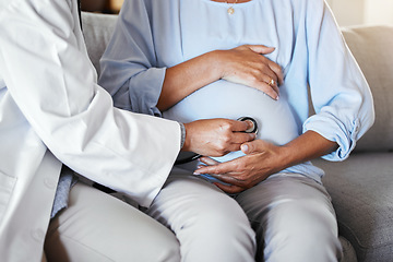 Image showing Pregnant, mother stomach and doctor with stethoscope, healthcare and checkup. Pregnancy, female and mama with medical professional, equipment for tummy and appointment for wellness and consulting.