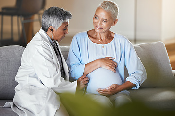 Image showing Healthcare, ivf consulting and pregnant woman with doctor on sofa for examination, checkup and baby health during home visit. Senior woman, pregnancy and medical professional doing exam on patient