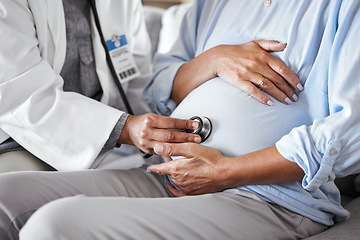 Image showing Pregnant, mother stomach and doctor with stethoscope, healthcare and checkup. Pregnancy, female and mama with medical professional, equipment for tummy and appointment for wellness and consulting.