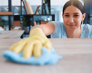 Image showing Happy, fabric and woman cleaning table furniture for hygiene, sanitary and housekeeping service. Germs, bacteria and dust with girl cleaner wipe wooden surface for disinfection, safety and domestic