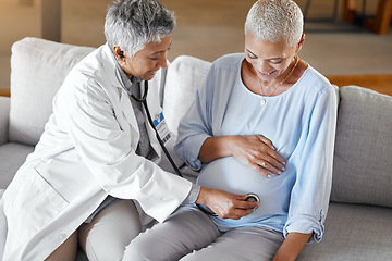 Image showing Pregnant, consulting and doctor with woman on a sofa for medical checkup, health and exam during home visit. Healthcare, pregnancy and senior ivf fertility expert doing wellness check in hospital