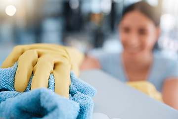 Image showing Hand, woman and table cleaning for hygiene, housework and household cleansing in an apartment. Hands, girl and clean product for dust, dirt and germs, bacteria and illness prevention on surface