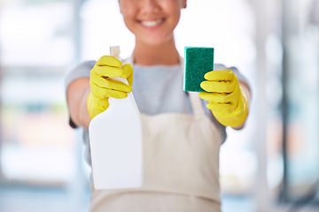 Image showing Woman, hands or spray bottle with sponge for spring cleaning, hygiene maintenance or healthcare wellness in house, home or office building. Zoom, maid or cleaner service worker with bacteria product