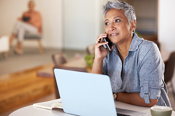 Image showing Communication, phone call and coffee, mature woman with phone and laptop in cafe in India. Success, internet and talking on smartphone, senior startup owner and happy woman networking with client.