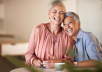 Image showing Cafe, friends and senior women laughing at funny story, joke or comedy. Friendship, comic and elderly, retired and happy females smiling, having fun and enjoying bonding time together in coffee shop.