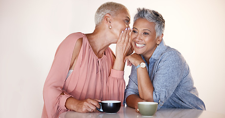 Image showing Senior women, bonding or whispering secrets in coffee shop, restaurant or cafe and funny gossip, news or story. Smile, happy or retirement elderly friends whisper in ear or sharing in rumor spread