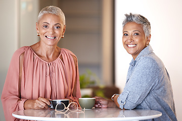 Image showing Portrait, friends and senior women with coffee, bonding and retirement. Mature ladies, females and cafe for tea, smile and loving together for reunion, chatting and conversation with gossip and relax