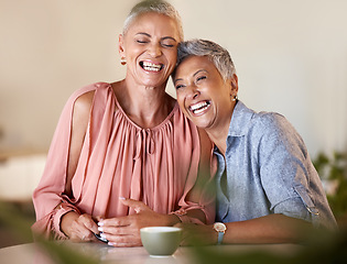 Image showing Senior women, laughing and bonding with coffee in restaurant, Brazilian cafe or relax coffee shop with funny joke, gossip news or comic meme. Smile, happy and retirement elderly friends with tea cup