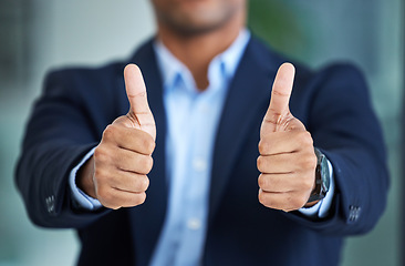 Image showing Success, feedback or hands of businessman with thumbs up for agreement, praise or kpi goals achievement in office. Zoom, leadership or employee with thumb up for yes sign, compliance or work support