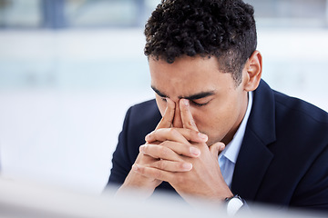 Image showing Stress headache, burnout and man in office overwhelmed with workload at computer. Mental health, frustrated and overworked tired trader at startup, anxiety from deadline time in stock market crisis.
