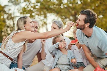 Image showing Family picnic, eating and fun in a park in summer with mother, father and children outdoor. Grandparent, sunshine and fruit with mom, dad and girl kids happy about big family love and care together