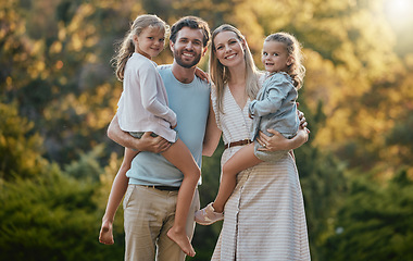 Image showing Family, park and portrait of parents with kids enjoying summer holiday, weekend and quality time outdoors. Love, nature and happy mother, father and children smiling, bonding and relax together