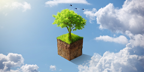 Image showing Sustainable, agriculture and eco friendly tree in the sky for earth day, clean energy and nature. Animation, ecology and green plant and leaves for sustainability with cloud and blue sky background.