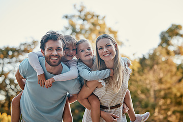 Image showing Family, park and portrait of parents with kids enjoying summer holiday, weekend and quality time outdoors. Love, nature and happy mother, father and children smiling, bonding and relax together