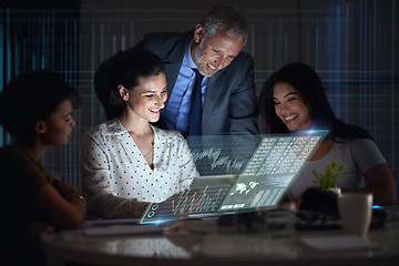 Image showing Stock market, tablet or team trading at night for a cryptocurrency or financial investment opportunity. Holographic, team work or happy traders reading analytics for data analysis or forex strategy