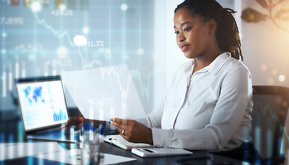 Image showing Business, data and black woman in office with overlay, digital information for financial growth report. Technology, web and woman at desk with stock market documents and future online trade review.