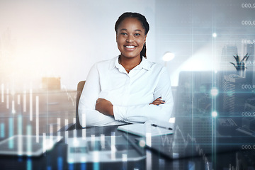 Image showing Stock market overlay, business woman portrait and fintech chart graphic happy about investment growth. Accounting, finance and crypto currency black woman employee proud of digital trading success