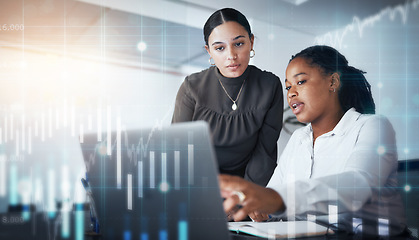 Image showing Overlay, laptop or women trading on the stock market for financial investment growth in forex with teamwork. Finance, hologram or manager helping a female trader with data analysis or chart analytics