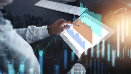 Image showing Hands of woman, tablet and finance hologram for stock market, trading or investment growth. Overlay, futuristic tech and female with touchscreen charts for financial statistics, forex and analytics.