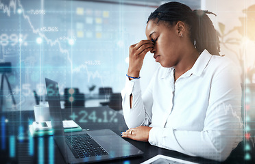 Image showing Finance, stress and black woman with a financial crisis in trading, cryptocurrency or investing. Financial hologram, statistics and African lady with a laptop frustrated at the stock market crash.