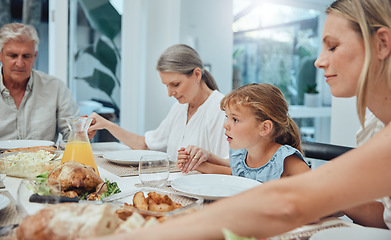 Image showing Family, holding hands or praying to God for food with mother, grandparents or girl child ready for dinner meal. Christmas, worship or spiritual Christian people with faith or prayer love eating lunch