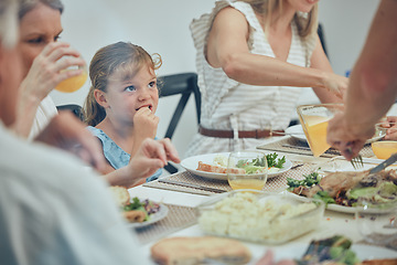 Image showing Big family, food and lunch at table in home, eating and drinking. Love, brunch and grandfather, grandmother and girl with mother and father sharing a delicious and healthy meal while bonding in house