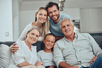 Image showing Portrait of grandparents, parents and child on sofa enjoying holiday, weekend and quality time together. Big family, love and senior couple bonding with mom, dad and girl on couch in family home