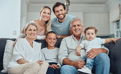 Image showing Relax, portrait or happy big family love enjoying quality bonding time in a family home on holiday vacation. Senior grandparents, mother and father relaxing with children siblings on living room sofa