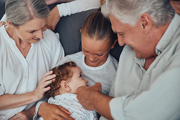 Image showing Big family, baby and relax on sofa together in living room for love, support and children care. Grandparents, big sister and kid smile for happiness, quality time and bonding on couch in family home