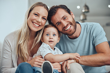 Image showing Happy, smile and portrait fo family on sofa for bonding, affectionate and quality time. Relax, support and care with face of parents and baby in living room at home for calm, health and happiness