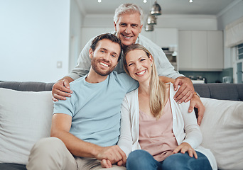 Image showing Portrait, family and relax on sofa in living room, smiling and bonding. Love, care and grandfather, man and woman embrace on couch in lounge, having fun and enjoying quality time together in house.