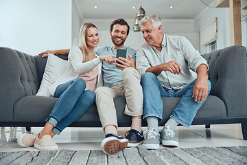 Image showing Relax, search and phone with family on sofa for share internet, social media or online news. Care, retirement and help grandfather with man and woman in living room for technology, digital or contact